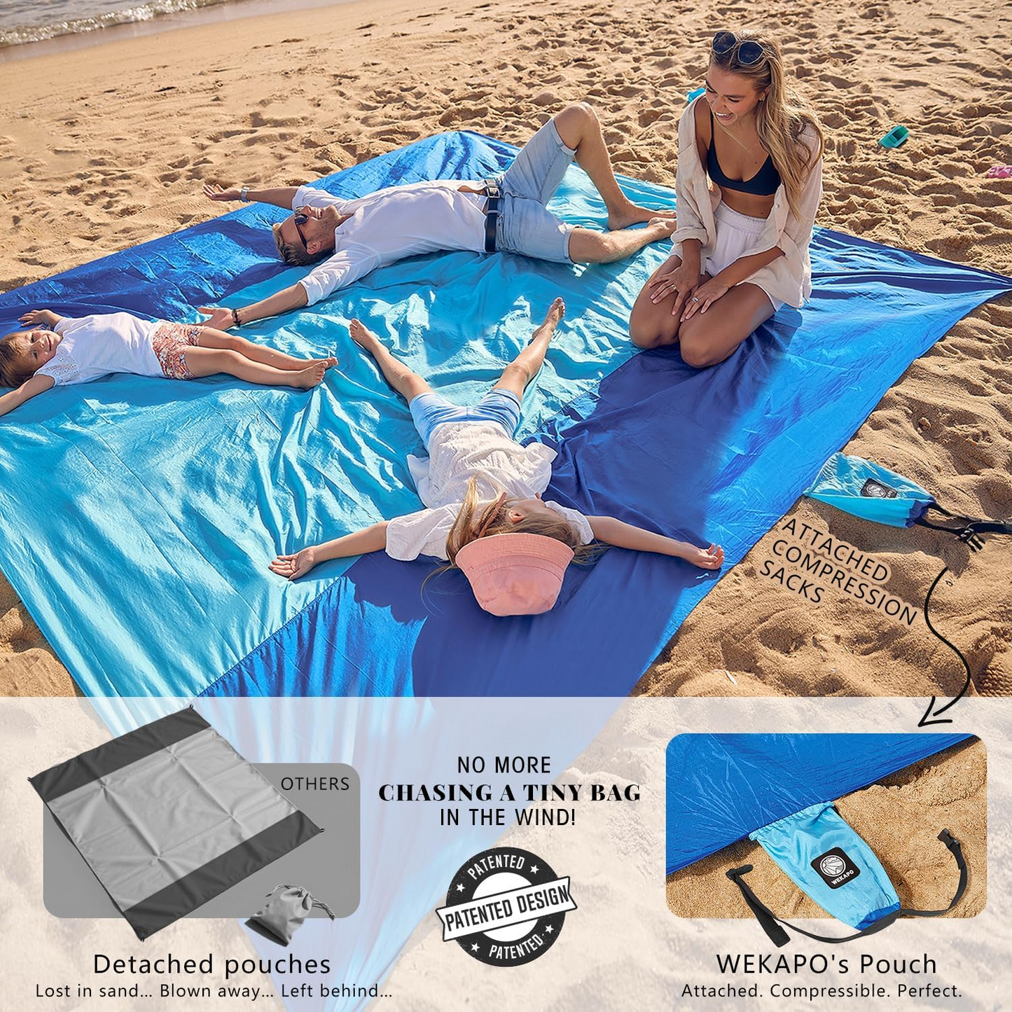 Oversized Sand-Free Beach Blanket – Waterproof Portable Picnic Mat with Stakes, Attached Storage Pouch, Lightweight Compact Outdoor Blanket for Beach, Camping, Hiking & Travel