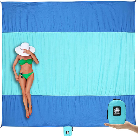 Oversized Sand-Free Beach Blanket – Waterproof Portable Picnic Mat with Stakes, Attached Storage Pouch, Lightweight Compact Outdoor Blanket for Beach, Camping, Hiking & Travel