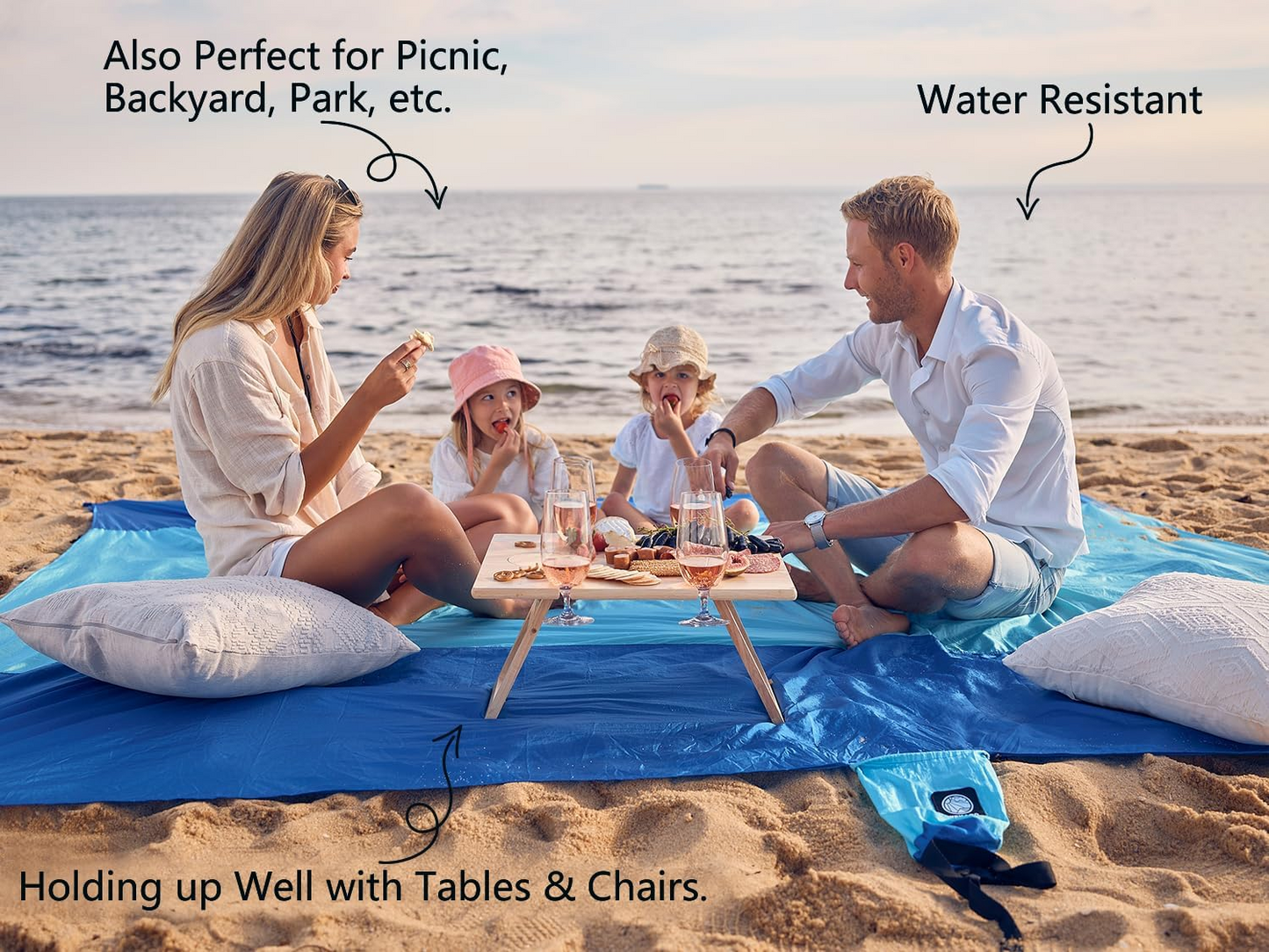 Oversized Sand-Free Beach Blanket – Waterproof Portable Picnic Mat with Stakes, Attached Storage Pouch, Lightweight Compact Outdoor Blanket for Beach, Camping, Hiking & Travel