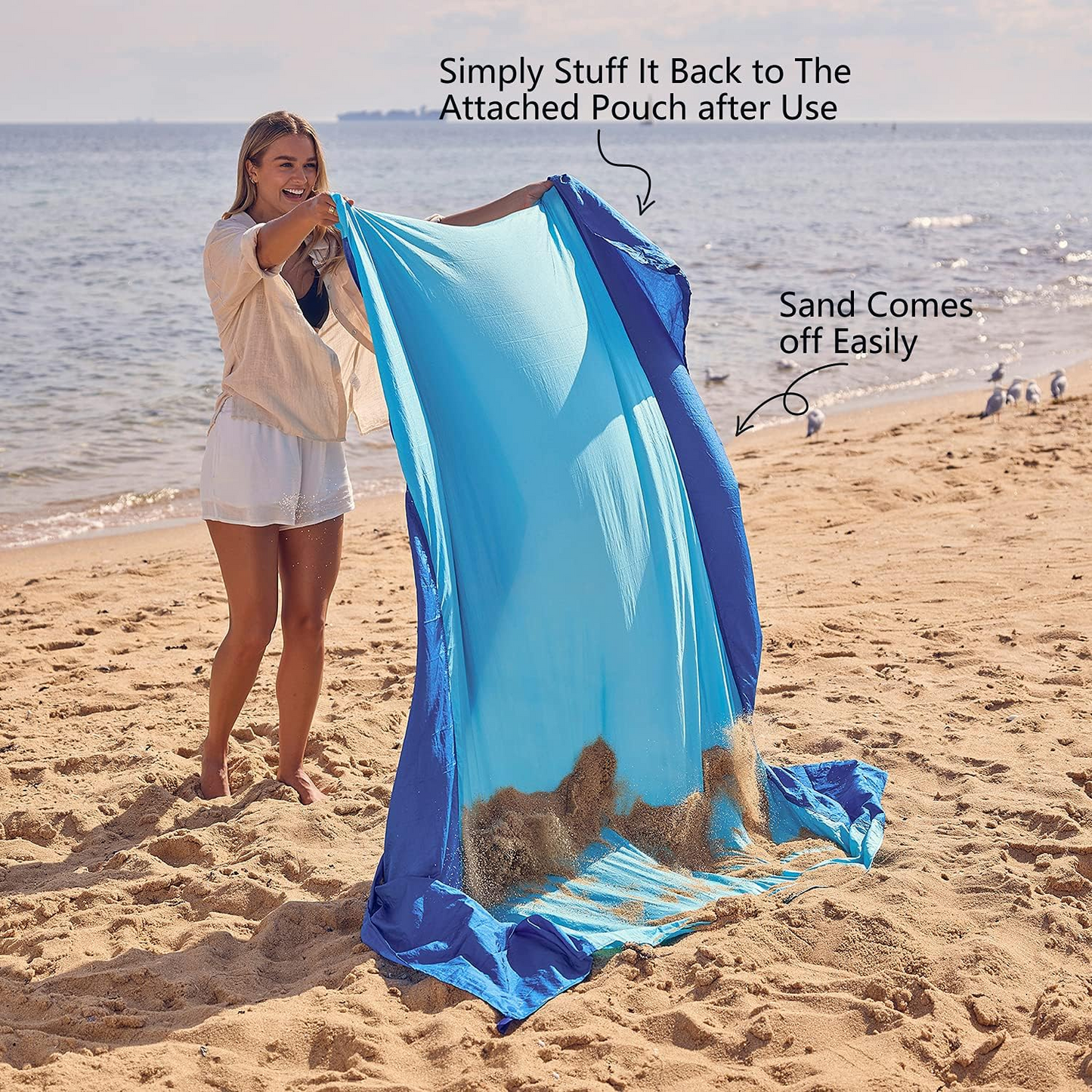 Oversized Sand-Free Beach Blanket – Waterproof Portable Picnic Mat with Stakes, Attached Storage Pouch, Lightweight Compact Outdoor Blanket for Beach, Camping, Hiking & Travel