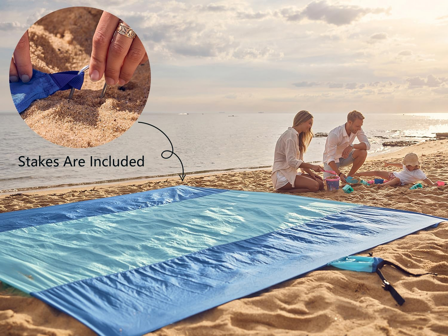 Oversized Sand-Free Beach Blanket – Waterproof Portable Picnic Mat with Stakes, Attached Storage Pouch, Lightweight Compact Outdoor Blanket for Beach, Camping, Hiking & Travel