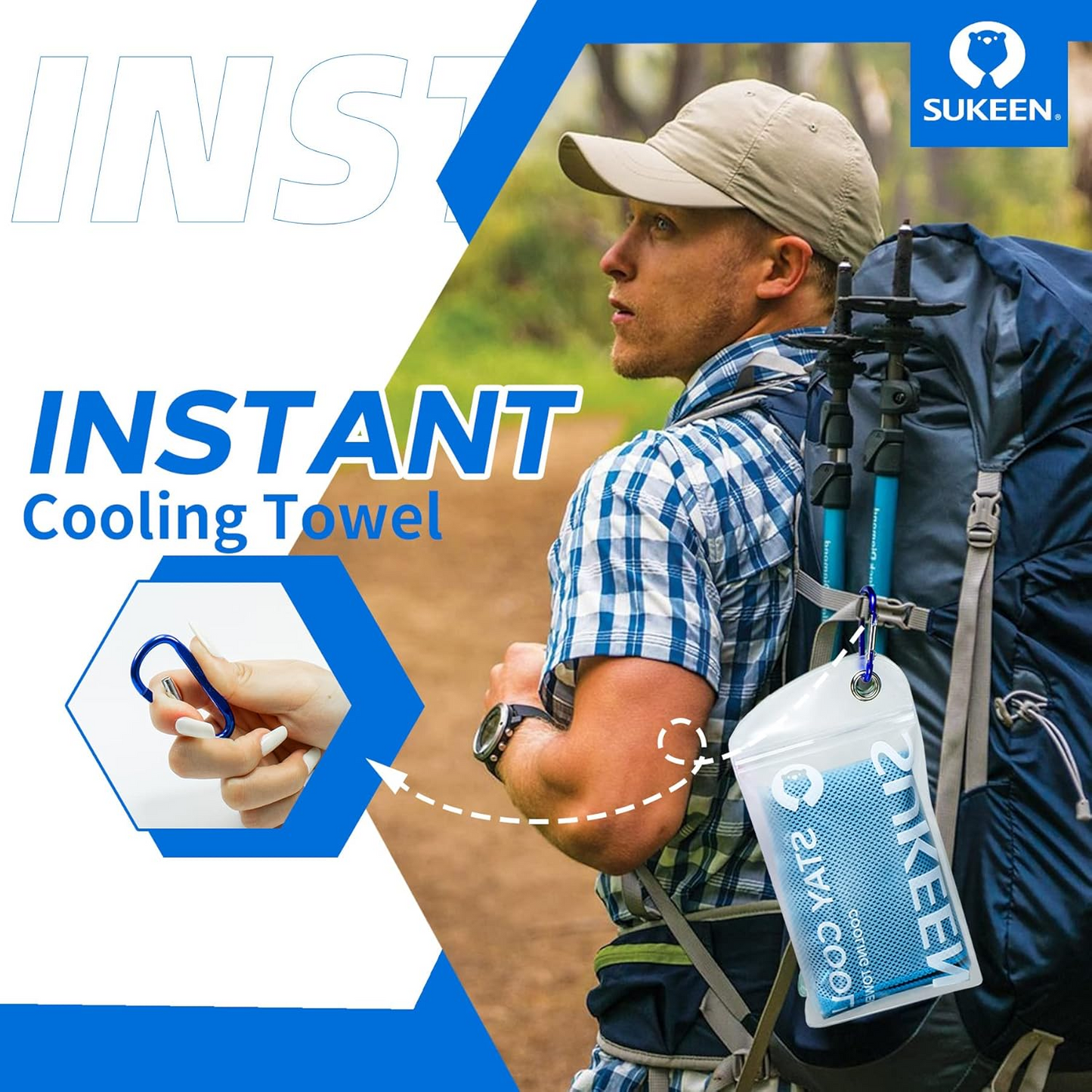 Sukeen Instant Cooling Towel with Carabiner Pouch – Reusable Cold Towel for Sports, Gym, Hiking, Travel & Outdoor Activities