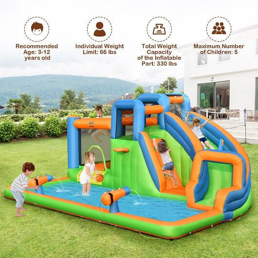 7-in-1 Inflatable Giant Water Park Bouncer with Dual Climbing Walls and 735W Blower-1
