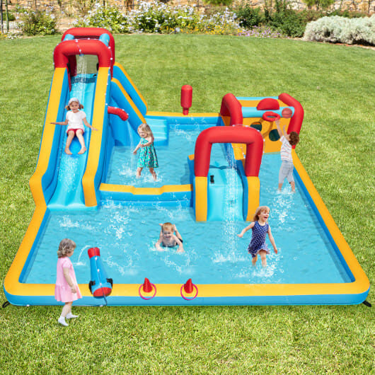 Inflatable Double Water Slide Park 9-in-1 Giant Bounce House 735W Blower Included-0