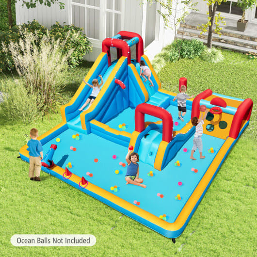 Inflatable Double Water Slide Park 9-in-1 Giant Bounce House 735W Blower Included-1