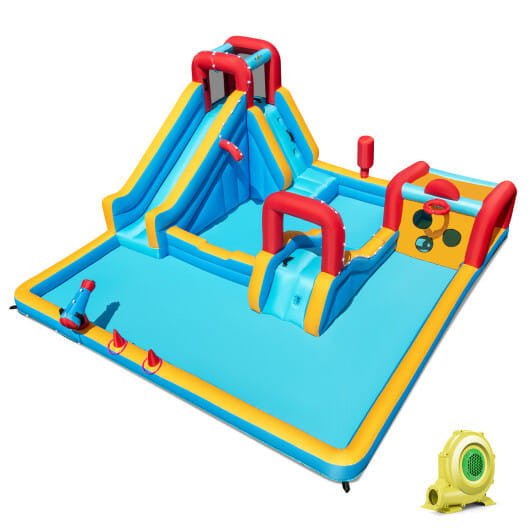 Inflatable Double Water Slide Park 9-in-1 Giant Bounce House 735W Blower Included-4